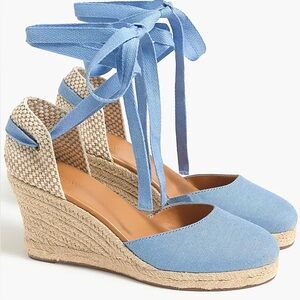 J Crew Factory Chambray Ankle Wrap Espadrille Wedges Shoes